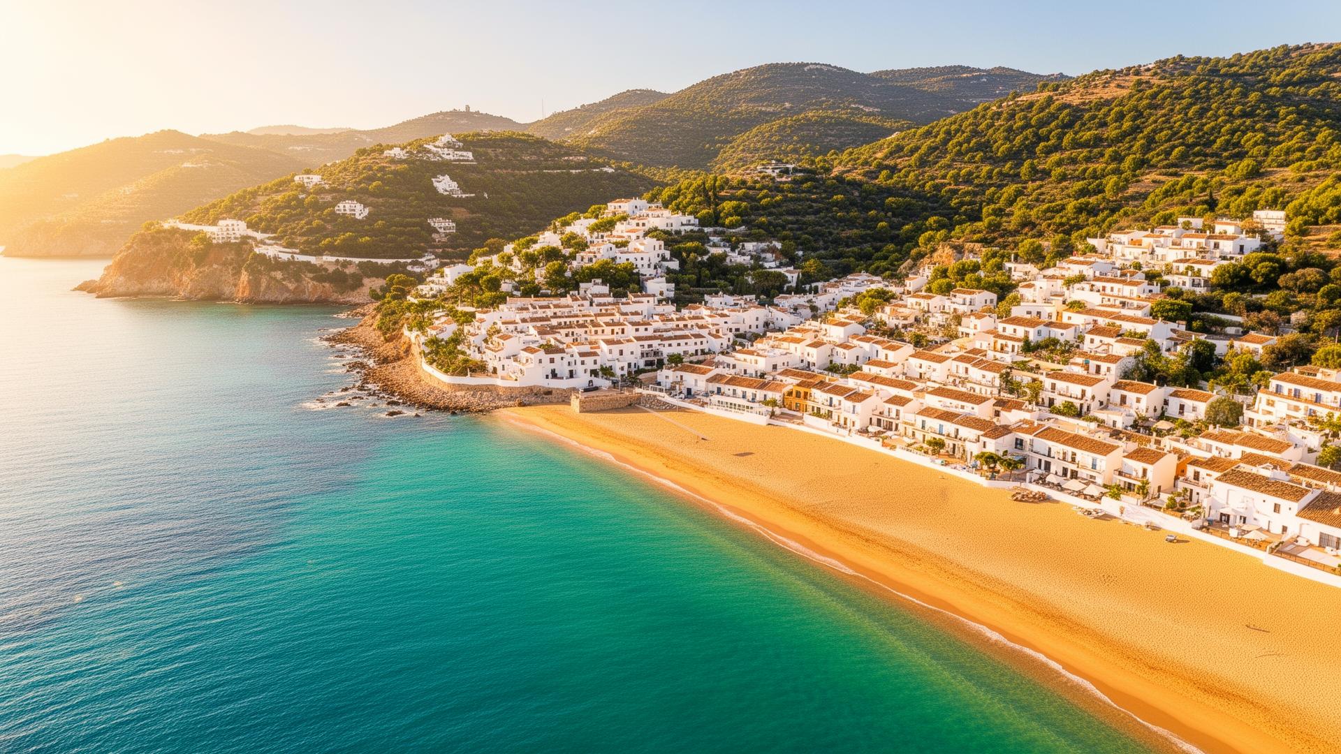 Beautiful Spanish coastline with turquoise sea and white village